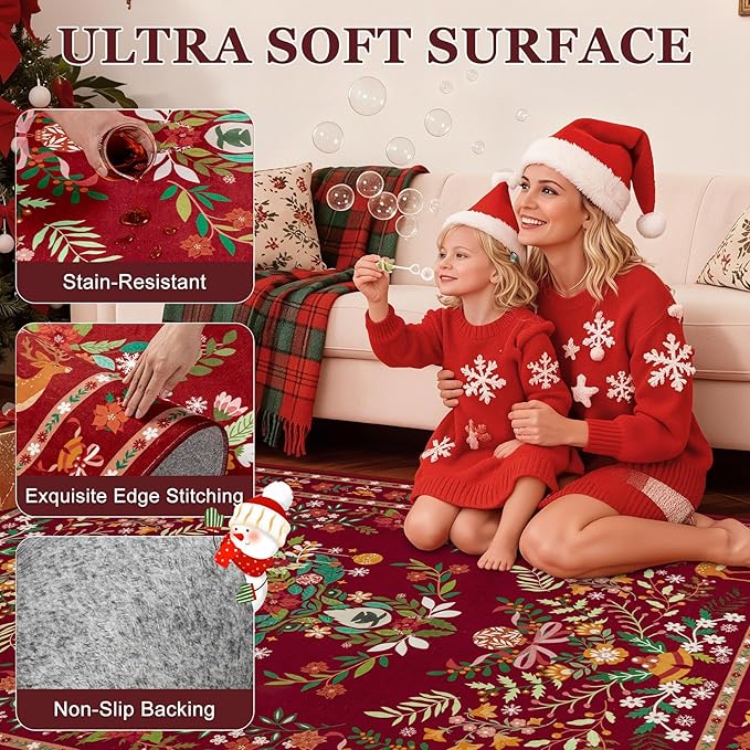 8x10 Area Rugs Living Room Rug: Christmas Washable Rug Floral Soft Carpet Indoor Floor Non-Slip Boho Stain Resistant Large Carpets for Bedroom Kids Nursery Dining Room Farmhouse Home Office Red
