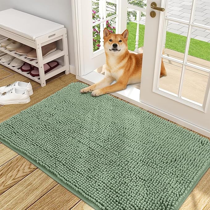 OLANLY Dog Door Mat for Muddy Paws 48x30, Absorbs Moisture and Dirt, Absorbent Non-Slip Washable Doormat, Quick Dry Chenille Mud Mat, Entry Indoor Entryway Carpet for Inside Floor, Olive Green
