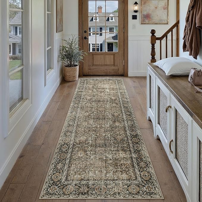 Brown Runner Rug 2'6"x8' Vintage Area Carpet Hallway Long Indoor Kitchen Washable Living Room Low Pile Traditional Distressed Retro Accent Rug Non Slip Laundry Bathroom Office Dining Room