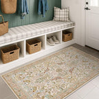 Large Entryway Rugs Indoor - Beige 3x5 Washable Rugs for Kitchen Bedroom Beside Bed Door Mat Indoor Entrance with Light Beige Woodland Flowers, Non Slip Stain Resistant Low Pile