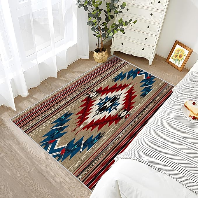 Navajo Rug for Entryway Indoor - 3x4ft - Southwestern Tribal Ethnic Rustic Cabin Washable Non Slip Low Pile Small Rug for Bedroom, Navajo Carpets Room Decor & Gifts