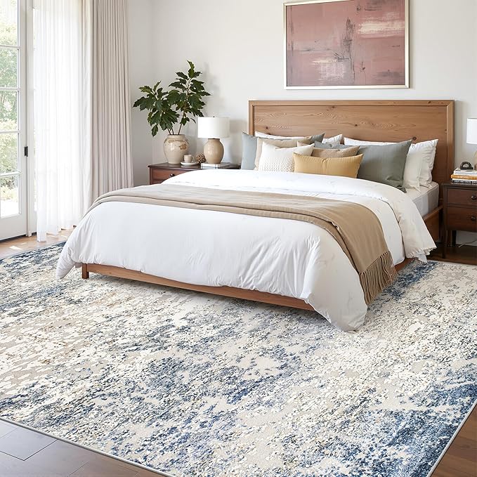 Art&Tuft Washable Rugs 8x10, Area Rugs for Living Room - Non Slip and Low Pile Soft Thin Abstract 8x10 Rug for Bedroom, Dining Room, Kitchen, Office, Blue