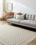 Mark&Day Wool Rugs, 5x8 Clinten Solid and Border Tan Checkered Rug, Tan Ivory Carpet for Living Room, Bedroom or Kitchen (5' x 7'6")
