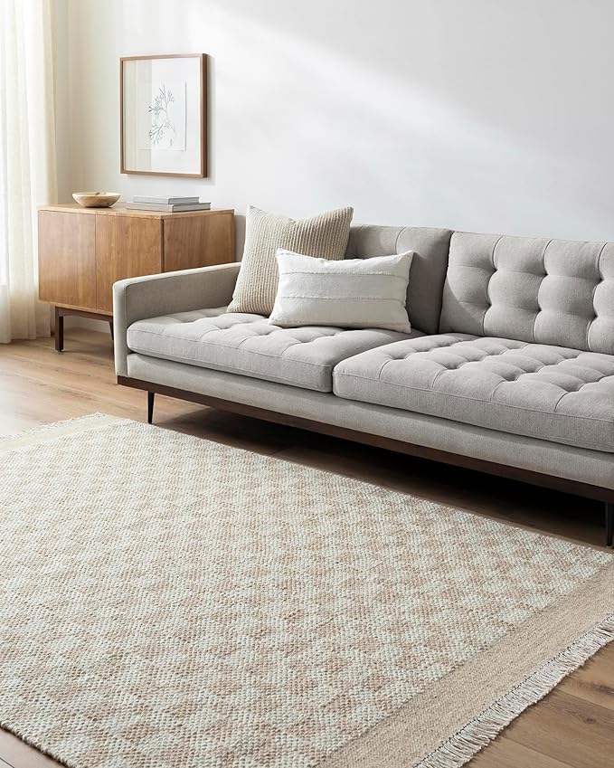 Mark&Day Wool Rugs, 2x3 Clinten Solid and Border Tan Checkered Rug, Tan Ivory Carpet for Living Room, Bedroom or Kitchen (2' x 3')