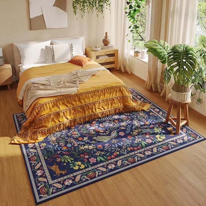 Rugcomf Living Room Rug 5x7 Rug Machine Washable Area Rug Floral Non-Slip Low Pile Large Rugs for Living Room, Bedroom, Farmhouse, Dining Room, Kids Playroom(Blue)