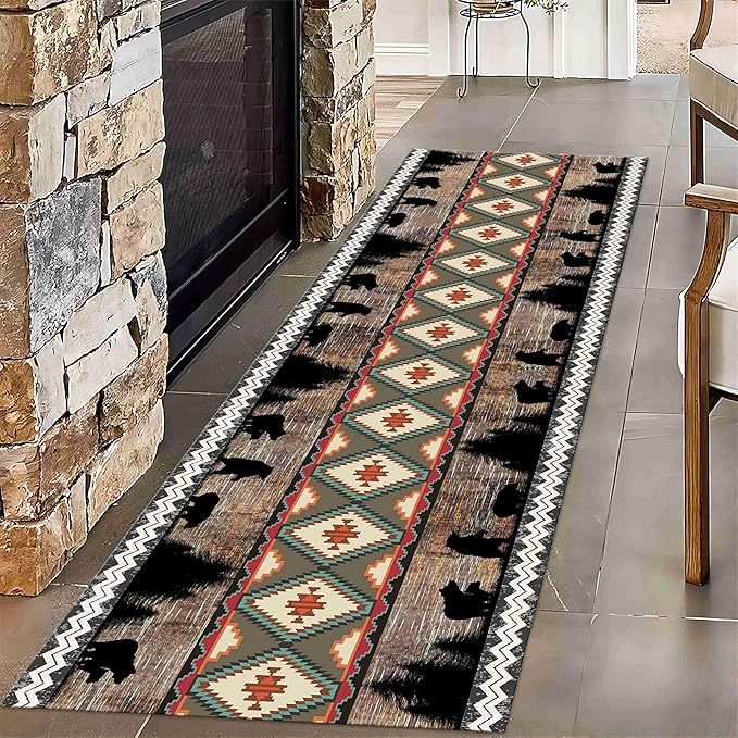 Southwestern Runner Rug, 2x8ft, Rustic Lodge Aztec Country Bear Decorative Runner Rug, Vintage Forest Birch Wild Animal Print Entrance Hallway Rug, Soft Non-Slip Carpet for Living Room Bedroom