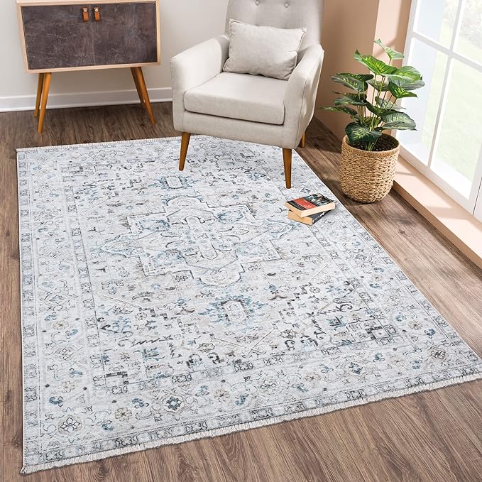 Bloom Rugs Caria Washable Non-Slip 4x6 Rug - Seashell/Teal Blue Traditional Area Rug for Living Room, Bedroom, Dining Room, and Kitchen - Exact Size: 4' x 6'
