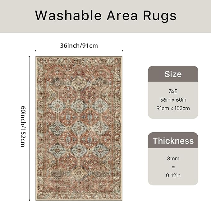Bavni 3x5 Area Rugs for Living Room, Machine Washable Rug Non Slip, Vintage Chenille Distressed Print Carpet, Large Low Pile Ultra-Thin Lightweight Rugs for Bedroom, Dining Room, Office, Spice Sky
