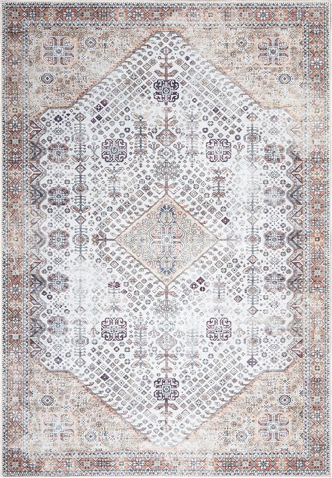 Bloom Rugs Washable Non-Slip 6' x 9' Rug - Sand/Orange/Purple Traditional Medallion Area Rug for Living Room, Bedroom, Dining Room, and Kitchen - Exact Size: 6' x 9'