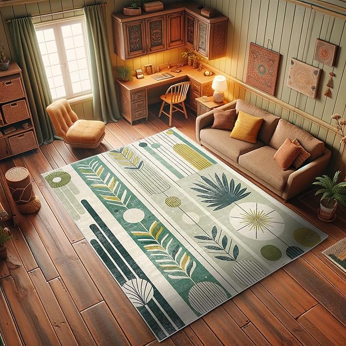 Ambesonne Mid Century Modern Decorative Rug, Abstract Circles Leaves and Stripes in Nature Color Palette, Quality Carpet for Bedroom Dorm and Living Room, 2' 2" x 3' 7", Fawn Teal Pale Green