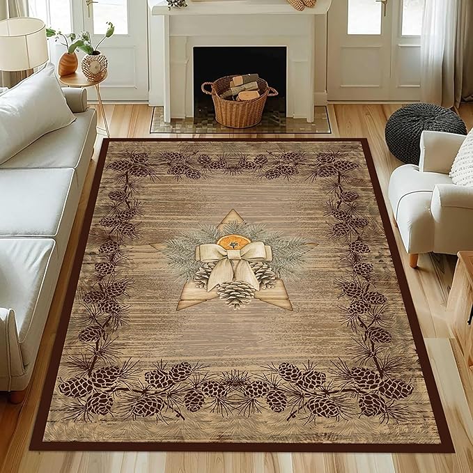Vintage Pine Cone Area Rug 6x8ft Rustic Lodge Wooded Pine Cone Area Rug Wood Grain Star Leaf Distressed Indoor Non-Slip Washable Carpet for Dormitory Study Room Fireplace Office