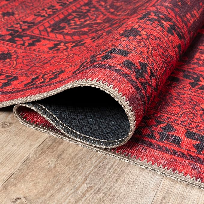 Bloom Rugs Washable Non-Slip 5' x 7' Rug - Red Traditional Bordered Area Rug for Living Room, Bedroom, Dining Room, and Kitchen - Exact Size: 5' x 7'