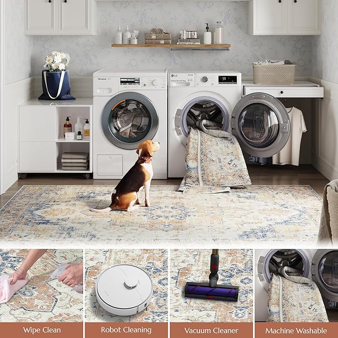 jinchan Kelda Runner Rug 2x5 Hallway Rug Washable Runner Vintage Mat Retro Print Lightweight Non-Slip Accent Floor Cover Distressed Thin Carpet for Entryway Bathroom Bedroom Laundry Room Orange