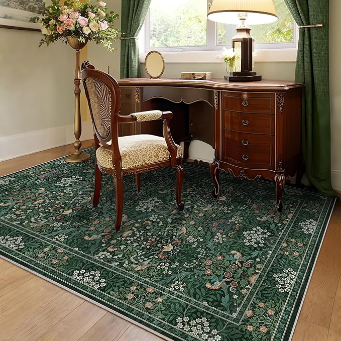 3x5 Floral Washable Area Rugs for Living Room, Vintage Boho Rug for Bedroom Dining Room， Distressed Botanical Birds Non Slip Low Pile Forest Animal Throw Carpet for Farmhouse Office, Bright Green