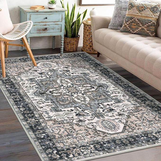KOZYFLY Boho Area Rug 3x5 Ft Rugs for Entryway Washable Entry Rug Non Slip Door Mat Indoor Entrance Printed Faux Wool Throw Rugs for Entrance Kitchen Living Room, Black/Taupe/Beige