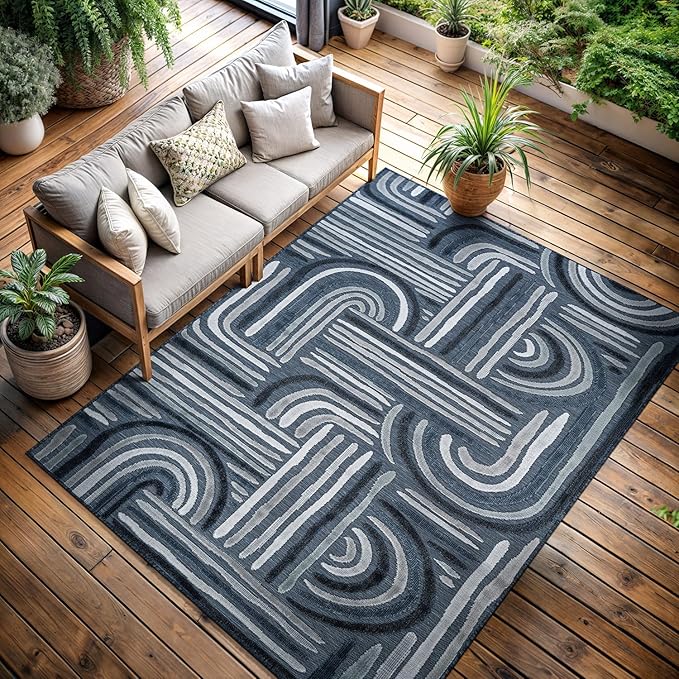 CAMILSON Indoor Outdoor Rug, Navy Blue 8x10 Geometric Arch Striped Area Rugs for Patio and Home Areas, Easy-Cleaning Non-Shedding Living Room, Garden and Deck Washable Outside Carpet (8 x 10)