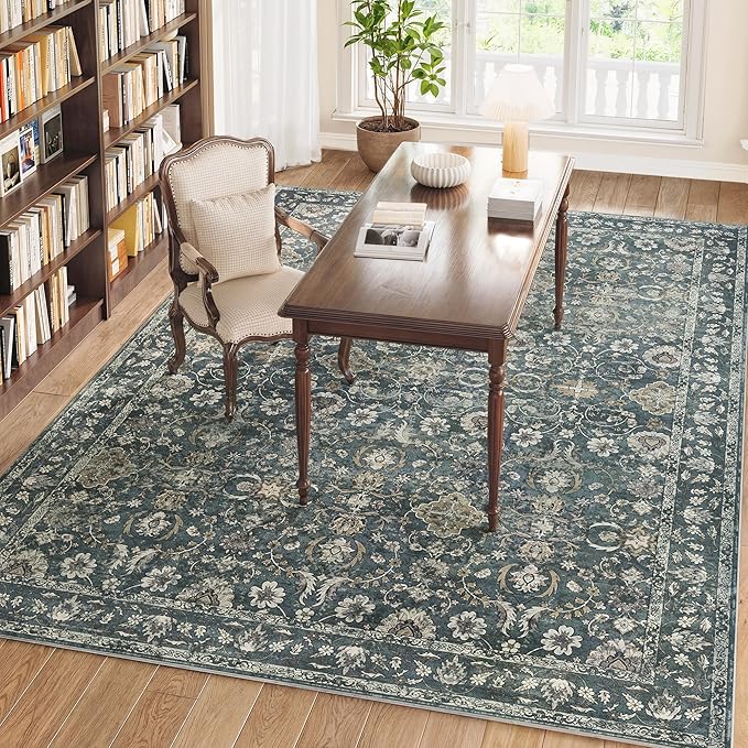 5X7 Area Rugs for Living Room, Soft Rugs Blue Washable Rug, Indoor Vintage Rugs for Bedroom Home Office Laundry, Rubber Backed Non Slip Low Pile Carpet, Deep Blue