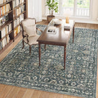 9x12 Area Rug for Living Room, Soft Large Rugs Blue Washable Rugs, Indoor Vintage Carpet for Bedroom Dining Room Office, Rubber Backed Non Slip Low Pile Mat, Deep Blue