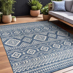 Beverly Rug Waikiki Boho Indoor Outdoor Rug 8x10, Washable Outside Carpet for Patio, Deck, Porch, Bohemian Area Rug, Farmhouse Rugs, Aztec Tribal Rug, Azure and White