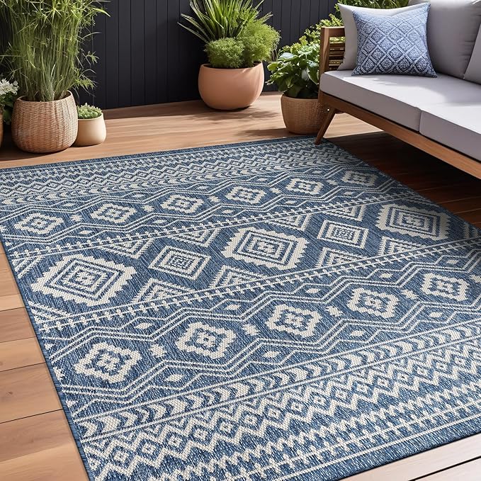 Beverly Rug Waikiki Boho Indoor Outdoor Rug 6x9, Washable Outside Carpet for Patio, Deck, Porch, Bohemian Area Rug, Farmhouse Rugs, Aztec Tribal Rug, Azure and White