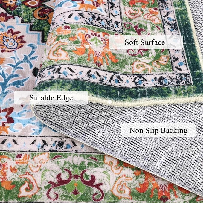 U'Artlines Boho Vintage Area Rug 3x5 Machine Washable Low Pile Soft Floor Carpet Non Slip Non Shedding Accent Rug for Living Room Bedroom Entryway Dining Room Office Green
