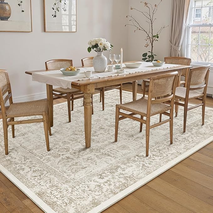 Light Brown Area Rug 9x12 Machine Washable Large Vintage Living Room Distressed Non Slip Carpet Traditional Indoor Bedroom Retro Floral Accent Throw Rug for Office Kitchen Dining Room
