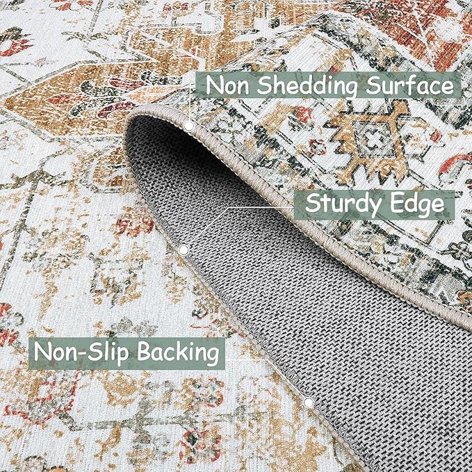 Moynesa Ultra-Thin Washable Area Rug - 4x6 Vintage Living Room Rugs Non-Shed Non Slip, Oriental Low Pile Indoor Accent Floor Carpet for Bathroom Bedroom Laundry Mudroom Entrance, Beige/Gold