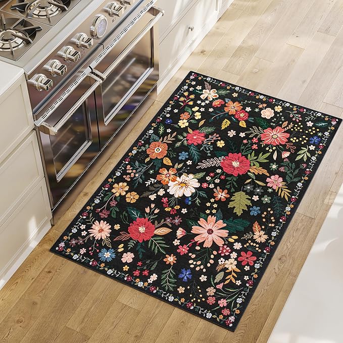 3x5 Area Rug, Floral Black Washable Rug for Entryway, Non Slip Flower Area Rugs, Soft Low Pile Indoor Doormat Small Carpet, Rugs for Living Room Bathroom Bedroom Nursery Kitchen Dining Room
