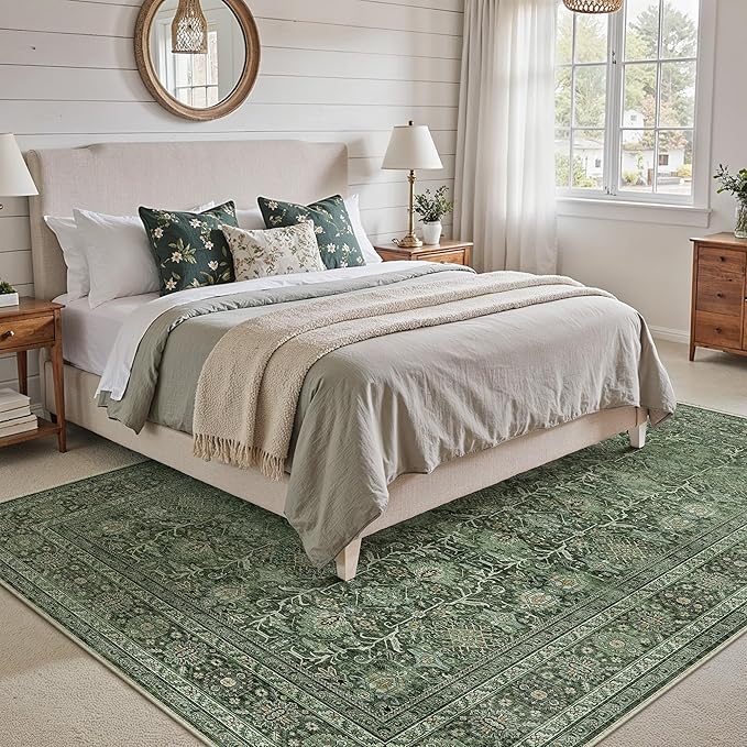 Area Rug 9x12 Green Washable Living Room Carpet Soft Non Slip Vintage Bedroom Indoor Office Traditional Retro Distressed Large Thicker Throw Rug for Dining Room Playroom