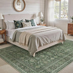 Area Rug 9x12 Green Washable Living Room Carpet Soft Non Slip Vintage Bedroom Indoor Office Traditional Retro Distressed Large Thicker Throw Rug for Dining Room Playroom