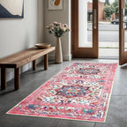 GLN Rugs Traditional Collection - Machine Washable Area Rug, Traditional Washable, Non Slip, Low Pile Chenille Rug, Living Room, Bedroom, Kitchen Rug (2'6" x 10' Pink/Multicolor)