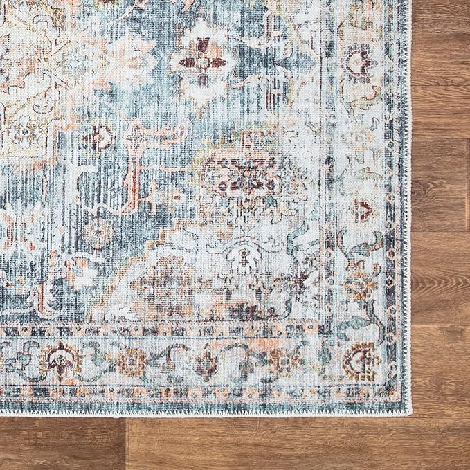 Bloom Rugs Washable Non-Slip 3' x 5' Rug - Teal/Peach Traditional Area Rug for Living Room, Bedroom, Dining Room, and Kitchen - Exact Size: 3' x 5'