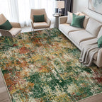 Washable Area Rugs 9'x12' Non-Slip Modern Abstract Soft for Living Room Entryway Bedroom Nursery, Print Pattern, Green Orange Rust Red Cream Colorful