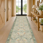 Vintage Runner Rugs for Hallways - Sage Green 2'6"x10' Wide Kitchen Runners, 10 ft Long Entryway Rug, Botanical Pattern with Flowers and Leaves, Washable Non Slip Low Pile