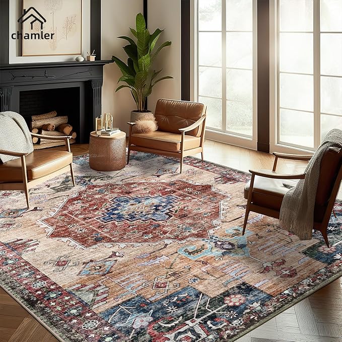 Area Rug 8x10 Washable Vintage Rug Traditional Mat Distressed Indoor Foldable Thin Retro Accent Floral Large Rugs Non Slip Carpet for Living Room Dining Room Office