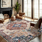 9x12 Washable Area Rug Boho Chic Medallion Distressed Design Non-Shedding Easy Care Ideal for High Traffic Areas in Rugs for Living Room Bedroom Office Coffee Table Large Carpet