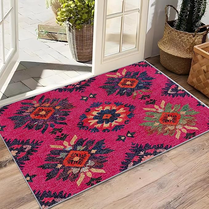 Southwestern Rug 3x5 - Ethnic Vintage Floral Medallion Rugs for Bedroom Non Slip Low Pile Machine Washable Area Rugs for Living Room Kitchen, Southwestern Carpet House Decor & Gifts