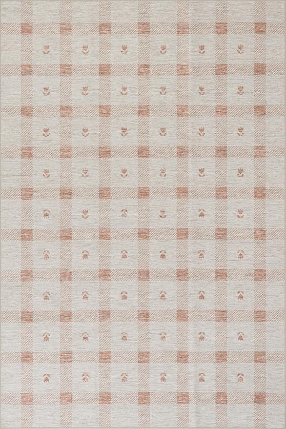 Dash & Albert Zale Peach Machine Washable Rug, Runner-2.5 X 8 Feet, Oranges/White Plaid Pattern