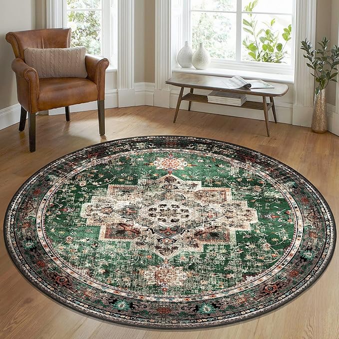 Round Rug 6ft for Bedroom, Green Washable Circle Rug Non-Slip Boho Area Rug 6' Round Carpet for Dining Room Kitchen Dorm Bathroom Low Pile Soft