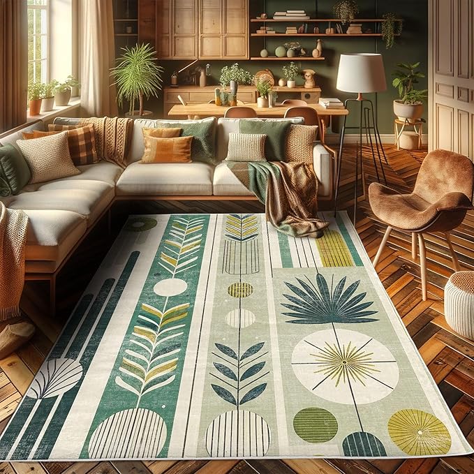 Ambesonne Mid Century Modern Decorative Rug, Abstract Circles Leaves and Stripes in Nature Color Palette, Quality Carpet for Bedroom Dorm and Living Room, 2' 2" x 3' 7", Fawn Teal Pale Green