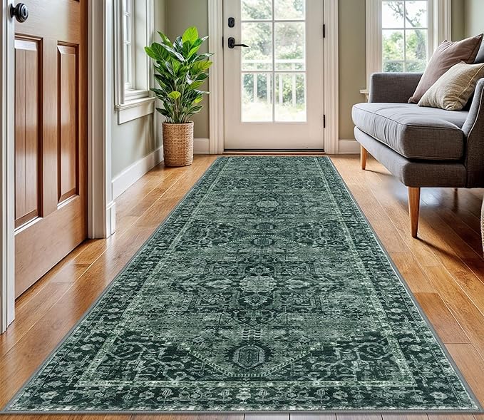 KOZYFLY Long Runners for Hallways 3x10 Ft Washable Kitchen Rug Faux Wool Printed Stair Runner Floor Carpet for Bedroom Entryway Stairs Kitchen Hall Indoor Use, Dark Green
