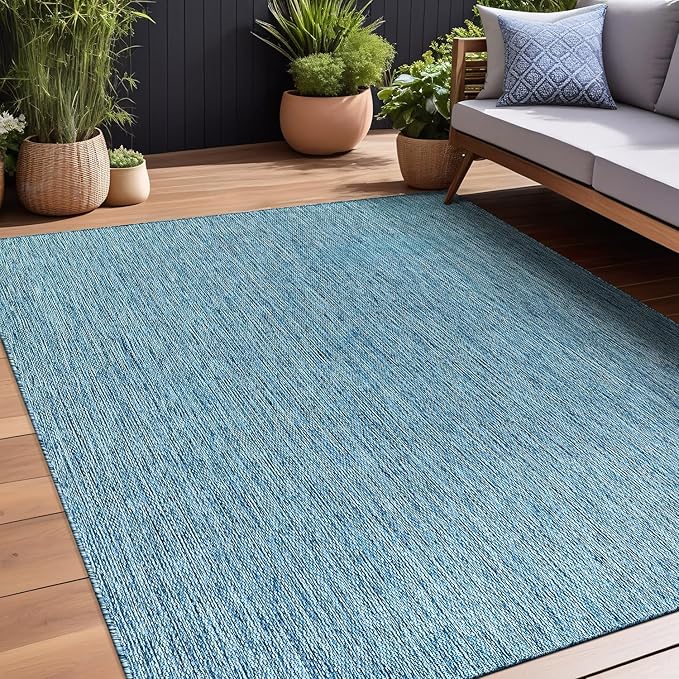 Beverly Rug Indoor Outdoor Rug 10x14, Washable Outside Carpet for Patio, Deck, Porch, Solid Modern Area Rug, Water Resistant, Aqua Blue