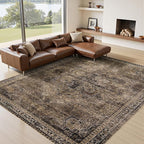 Washable Area Rugs 8x10, Large Rugs for Living Room, Carpet for Bedroom, Soft Faux Wool Retro Dining Room Rug, Non-Slip Backing Resistant Low Pile Vintage Print Rug for Home Office (Brown1)