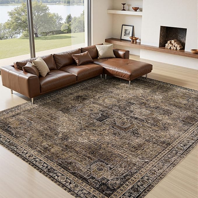 9x12 Area Rug Living Room Rugs, Stain Resistant Washable Rug, Vintage Large Non-Slip Backing, Low Pile Lightweight Print Rug for Bedroom Dinning Room Home Office (Brown1)