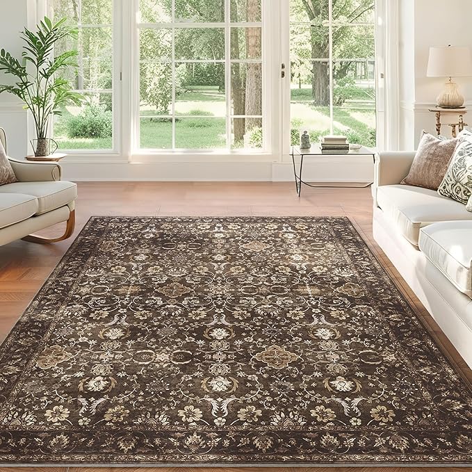 9x12 Area Rug for Living Room, Soft Large Rugs Brown Washable Rugs, Indoor Vintage Carpet for Bedroom Dining Room Office, Rubber Backed Non Slip Low Pile Mat, Dark Brown