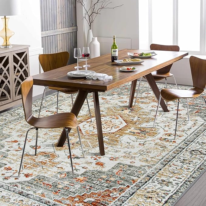Moynesa Ultra-Thin Vintage Area Rug 6x9, Large Living Room Rugs for Bedroom Aesthetic, Washable Carpet for Under Dining Room Table, Oriental Medallion Printed Low Pile Mat for Office Playroom Dorm