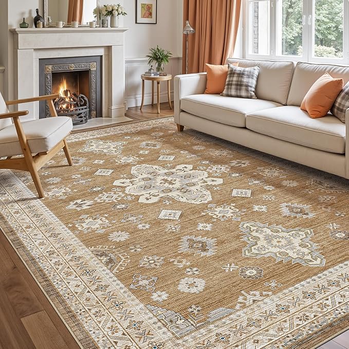 DEXI 10x14 Area Rug for Living Room, Washable Vintage Farmhouse Thin Rug Indoor Floor, Non Slip Stain Resistant Low Pile Carpet for Dining Room Bedroom Office, Light Brown