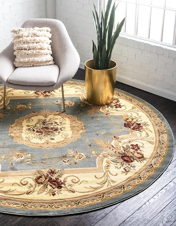 Rugs.com Chateau Collection Rug – 6 Ft Round Light Blue Medium Rug Perfect for Kitchens, Dining Rooms