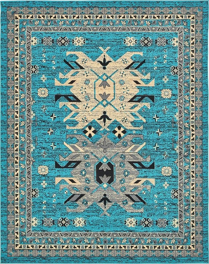 Unique Loom Taftan Collection Border Geometric Tribal Inspired Design Area Rug (8' 0 x 10' 0 Rectangular, Turquoise/ Gray)