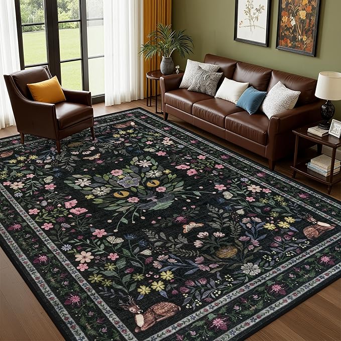 5x7 Area Rugs Living Room Rug: Vintage Washable Rug Floral Soft Carpet Indoor Floor Non-Slip Boho Stain Resistant Large Carpets for Bedroom Kids Nursery Dining Room Farmhouse Home Office Black/C02